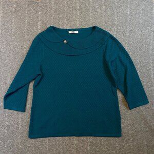 Rebecca Malone Petite Large Green 3/4 Sleeve Sweater Ribbed‎ Collar Soft Stretch